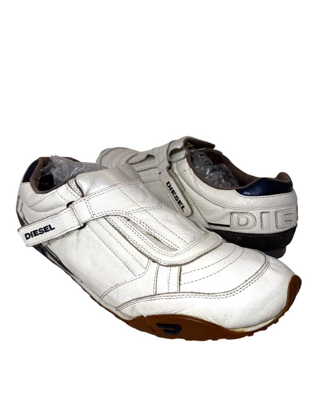 Vintage Y2K Archive Diesel Mens Keep Slip On White Leather Sneakers Velcro Strap
